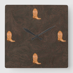 Faux Tooled, Carved Leather of Horse & Boots Square Wall Clock