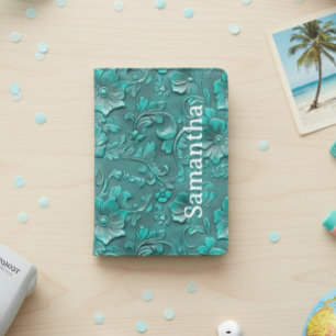 Faux Tooled Leather Blue Floral  Passport Holder