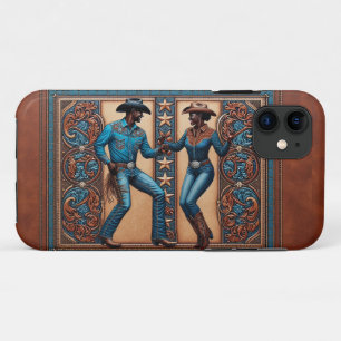 Faux Tooled Leather Brown and Turquoise Dancers iPhone 11 Case