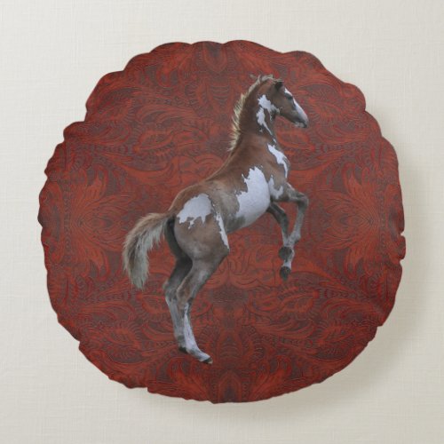 Faux Tooled_Leather  Indian Paint Pinto Colt Round Pillow