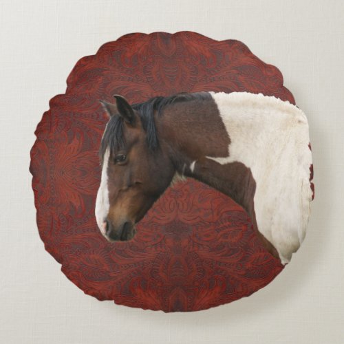Faux Tooled_Leather  Indian Paint Pinto Stallion Round Pillow