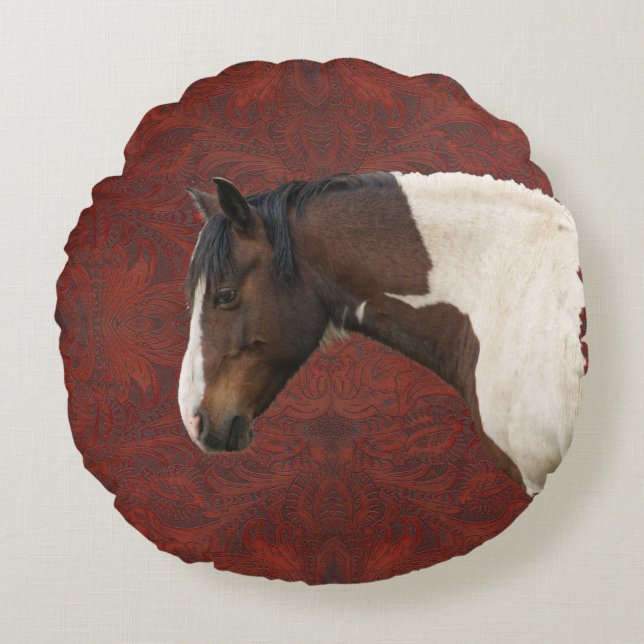 Faux Tooled-Leather & Indian Paint Pinto Stallion Round Pillow (Front)