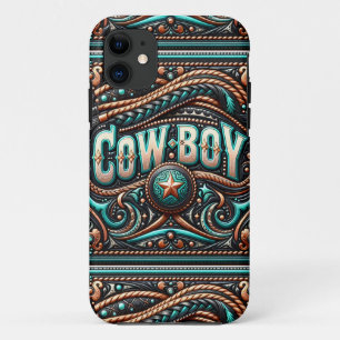 Faux Tooled Leather Turquoise Brown Cowboy iPhone 11 Case