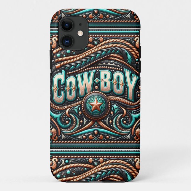 Faux Tooled Leather Turquoise Brown Cowboy Case-Mate iPhone Case (Back)