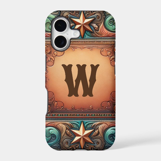 Faux Tooled Leather Turquoise Brown Custom Initial Iphone Case (Back)