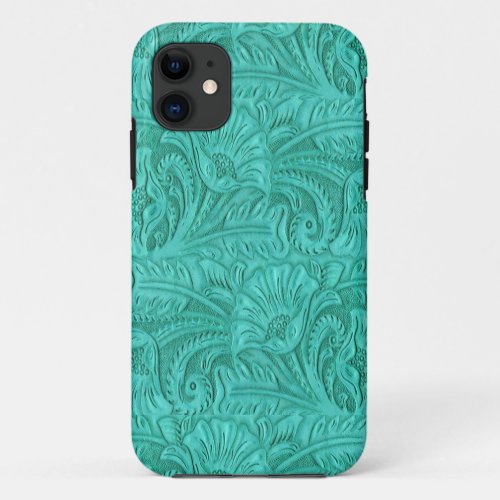 Faux Tooled Leather Turquoise Medium Print Western iPhone 11 Case