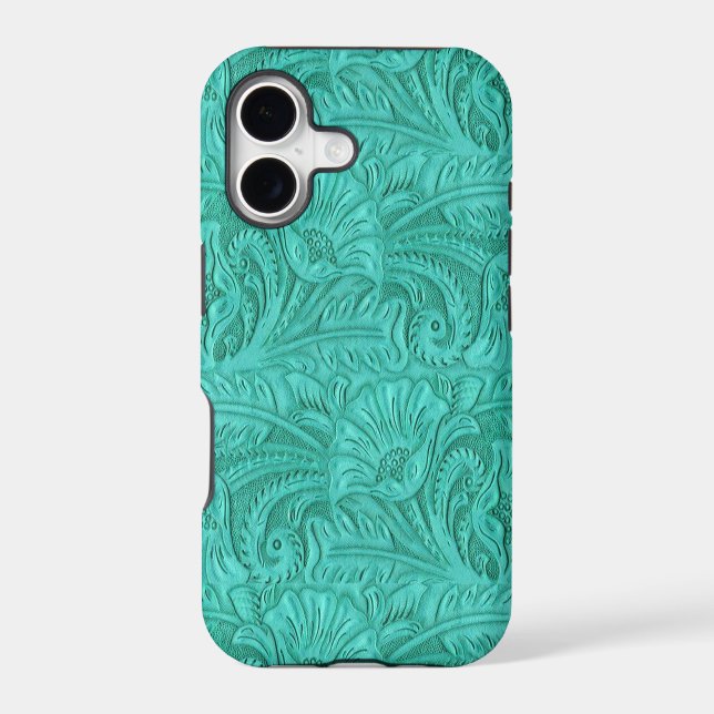 Faux Tooled Leather Turquoise Medium Print Western Iphone Case (Back)