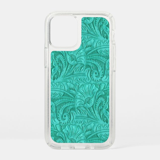 Faux Tooled Leather Turquoise Medium Print Western Speck iPhone 12 Mini Case (Front)