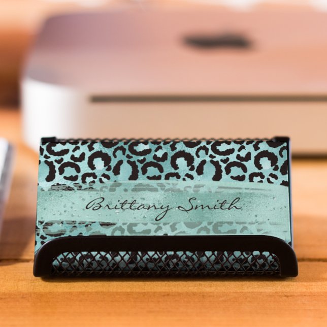 Faux Turquoise Teal Foil Leopard Aqua Brush Stroke Business Card (Turquoise Teal Foil Leopard Aqua Brush Stroke Business Card)