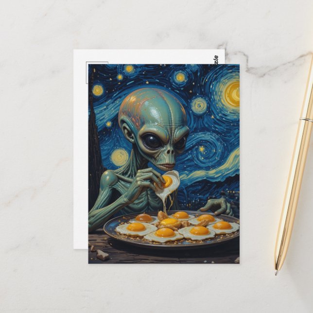 Faux Van Gogh Blue Alien Eating Fried Eggs  Postcard (Front/Back In Situ)