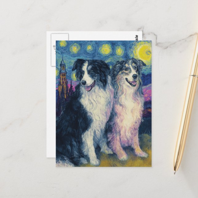 Faux Van Gogh Border Collies Postcard (Front/Back In Situ)