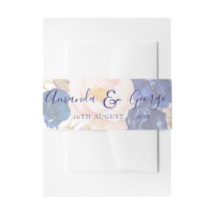 Faux Vellum Blue Floral Elegant Script Wedding Invitation Belly Band