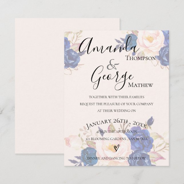 Faux Vellum Effect Blue Blush Pink Floral Wedding Invitation (Front/Back)