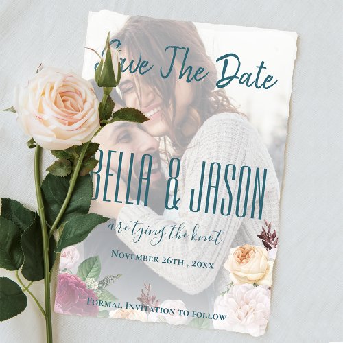 Faux Vellum  Floral Photo Wedding Save the Date Magnetic Invitation