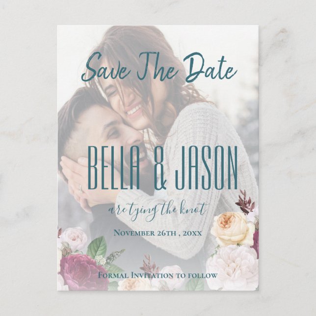 Faux Vellum  Floral Photo Wedding  Save the Date Postcard (Front)