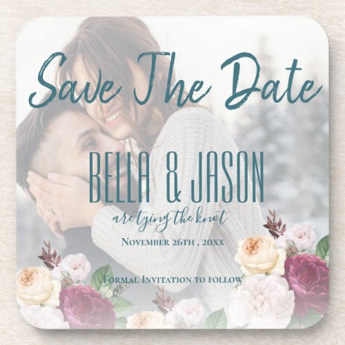 Faux Vellum Floral Photo Wedding Tying The Knot Beverage Coaster