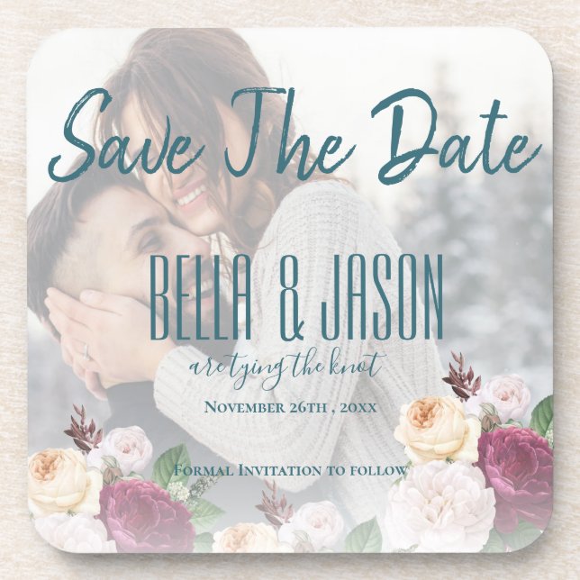 Faux Vellum Floral Photo Wedding Tying The Knot Beverage Coaster (Front)