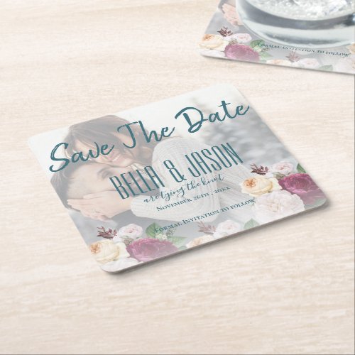 Faux Vellum Floral Photo Wedding Tying The Knot Square Paper Coaster