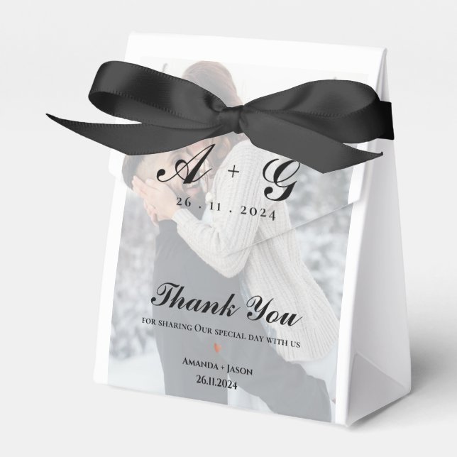 Faux Vellum Photo Monogram Thank You Wedding Favor Boxes (Front Side)