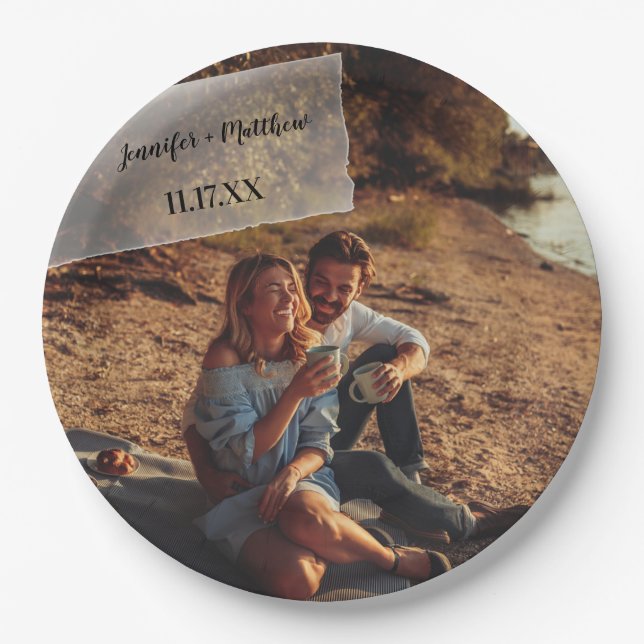 Faux Vellum Photo Overlay Custom Wedding Paper Plates (Front)