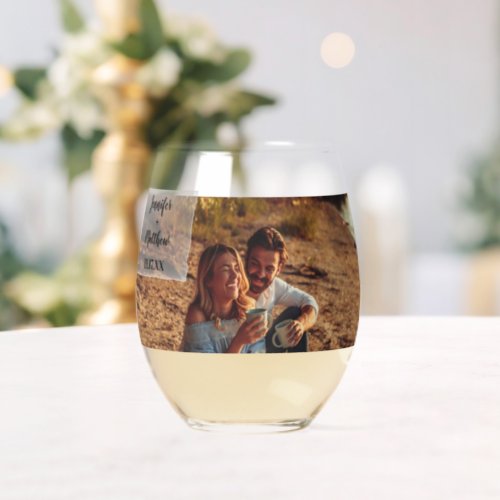 Faux Vellum Photo Overlay Custom Wedding  Stemless Wine Glass
