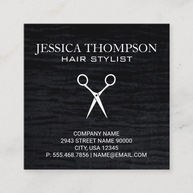 Faux Velvet Black with Shears Print Square Business Card (Front)