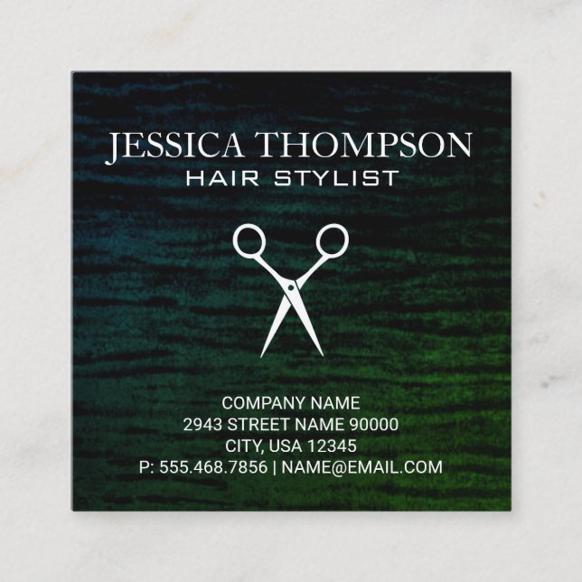 Faux Velvet Green with Shears Print Square Business Card (Front)