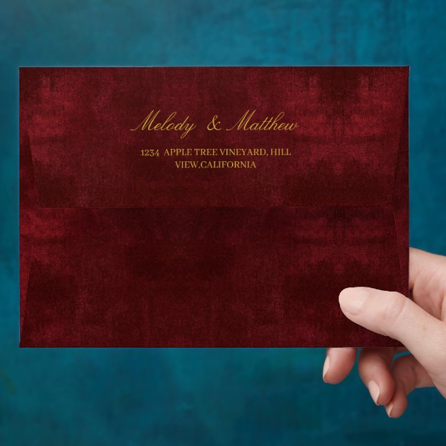 Faux Velvet Texture Print Burgundy Wedding Envelope (Hand)