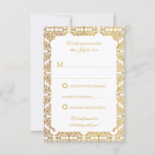 Faux Vintage Gold Foil Flourish Damask RSVP Invitation