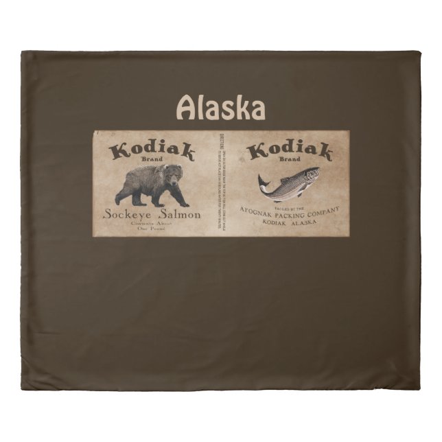 Faux Vintage Kodiak Salmon Label Duvet Cover (Front)