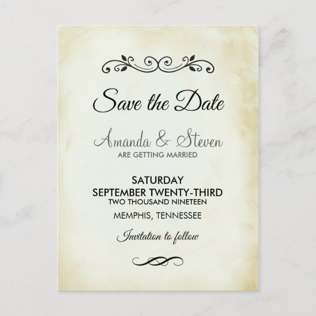 Faux Vintage Parchment Wedding Save the Date Postcard (Front)