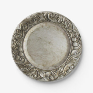 Faux vintage silver/pewter raised border design paper plates