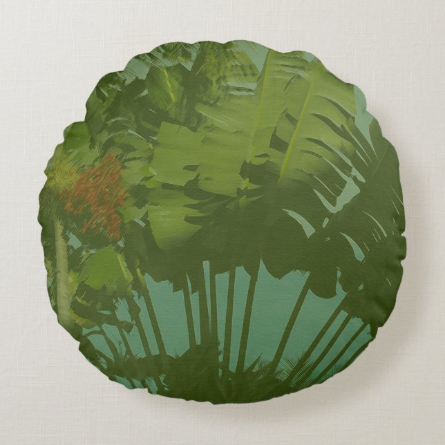 Faux Vintage Tropical Fabric Round Pillow (Front)