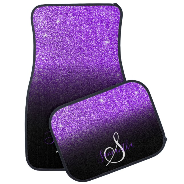 Faux Violet Glitter Black Gradient Monogram Car Floor Mat (Set)