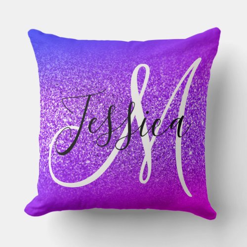 Faux Violet Glitter Miami Ombre Monogram Throw Pillow
