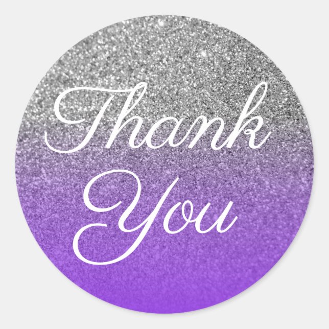Faux Violet Silver Glitter Thank You Classic Round Sticker (Front)