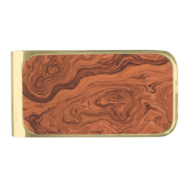 Faux Walnut Woodgrain  Gold Finish Money Clip (Front)
