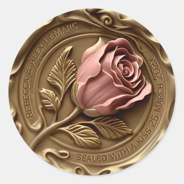 Faux Wax Stamp Envelope Seal Gold Pink Rose Flower (Front)