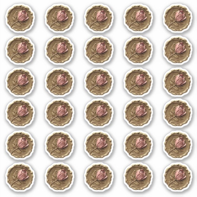 Faux Wax Stamp Envelope Seal Gold Pink Rose Flower Sticker (Front)