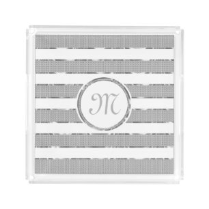 Faux White Glitter & Silver Stripes Pattern Acrylic Tray