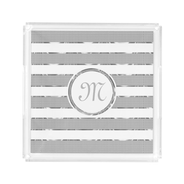 Faux White Glitter & Silver Stripes Pattern Acrylic Tray (Front)