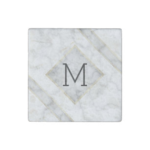 Faux White Marble & Beige Alabaster With Monogram Stone Magnet