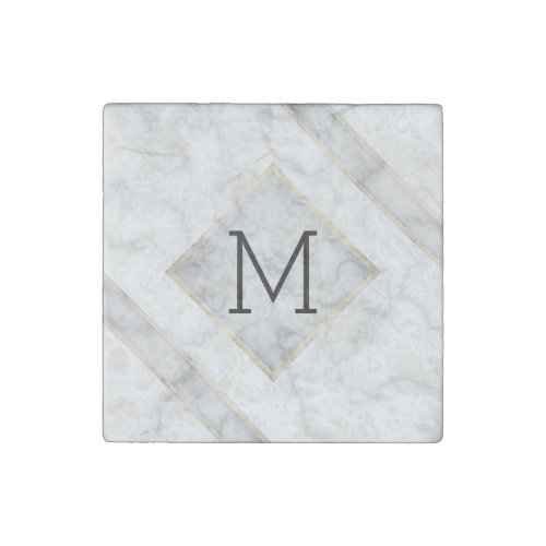 Faux White Marble  Beige Alabaster With Monogram Stone Magnet