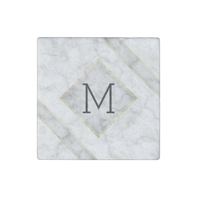 Faux White Marble & Beige Alabaster With Monogram Stone Magnet (Front)