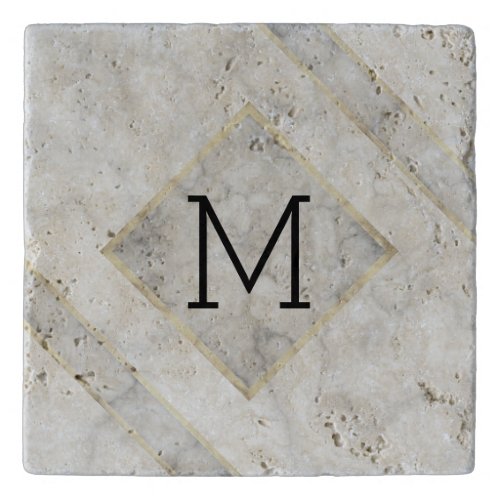 Faux White Marble  Beige Alabaster With Monogram Trivet