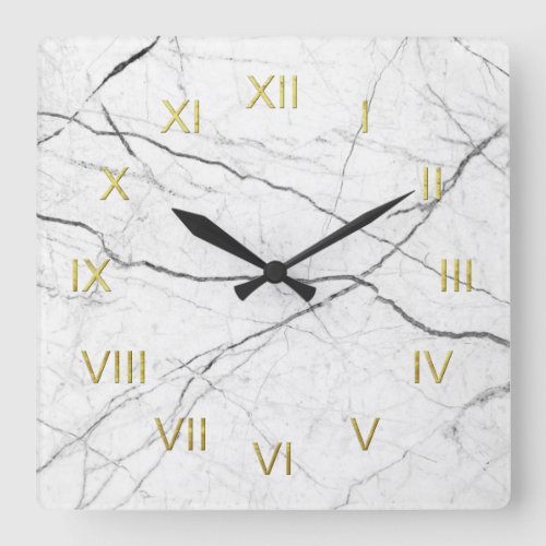 Faux White Marble Black Veined with Gold Numerals Square Wall Clock