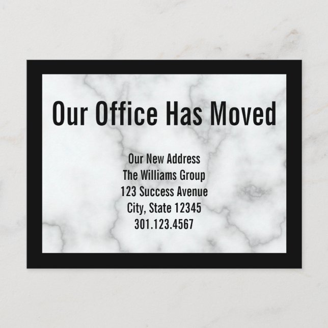 Faux White Marble Office Moving Announcement (Front)