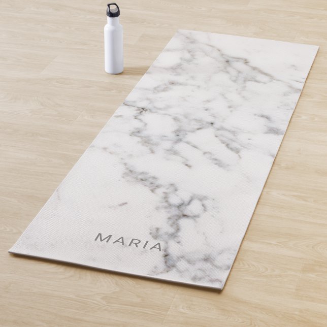 Faux White Marble Texture Look-like & Custom Name Yoga Mat (In Situ)