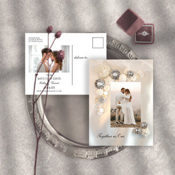 Faux White Pearl And Diamond Buttons Wedding Announcement Postcard by loraseverson at Zazzle