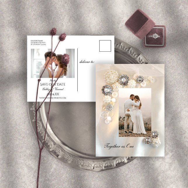 Faux White Pearl and Diamond Buttons Wedding Announcement Postcard (Creator Uploaded)